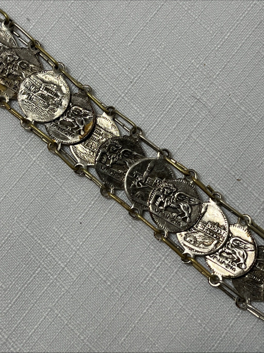 Vintage Venetian souvenir charm bracelet interconnected silver-toned coins